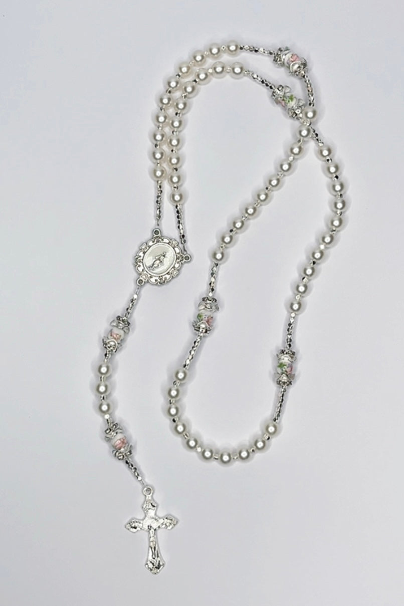 Floral Pearl Silver Catholic Handmade Rosary