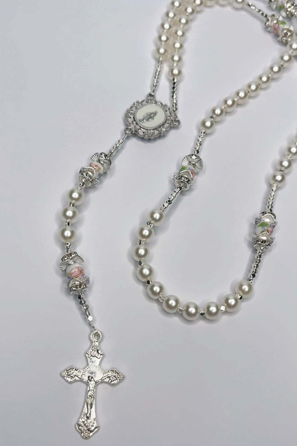 Floral Pearl Silver Catholic Handmade Rosary