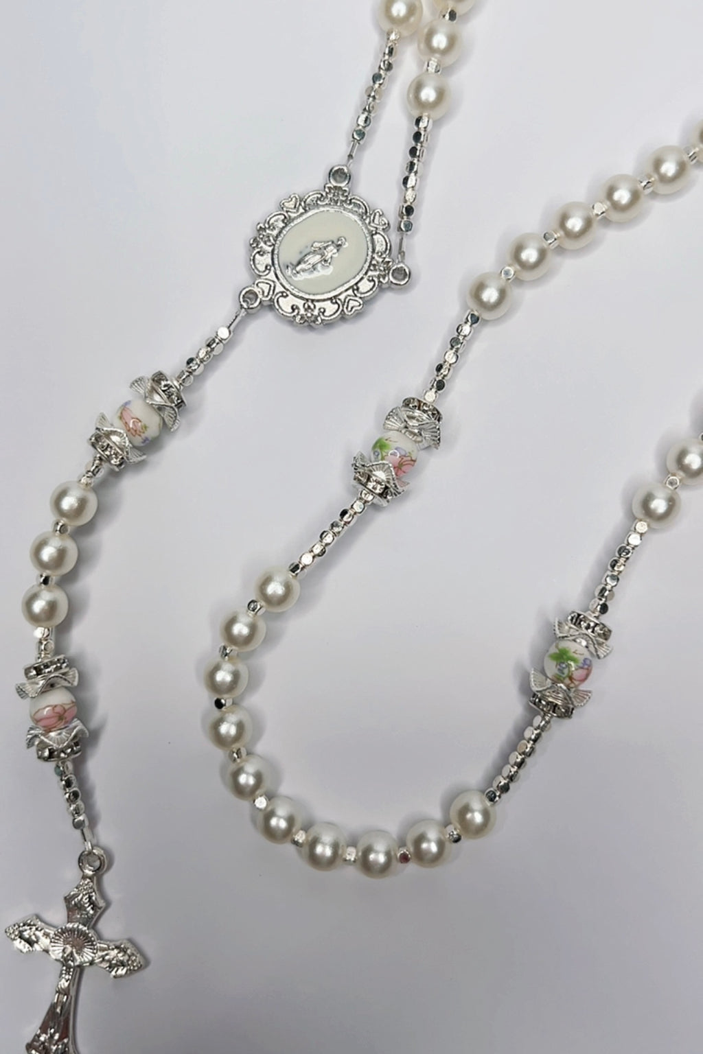 Floral Pearl Silver Catholic Handmade Rosary