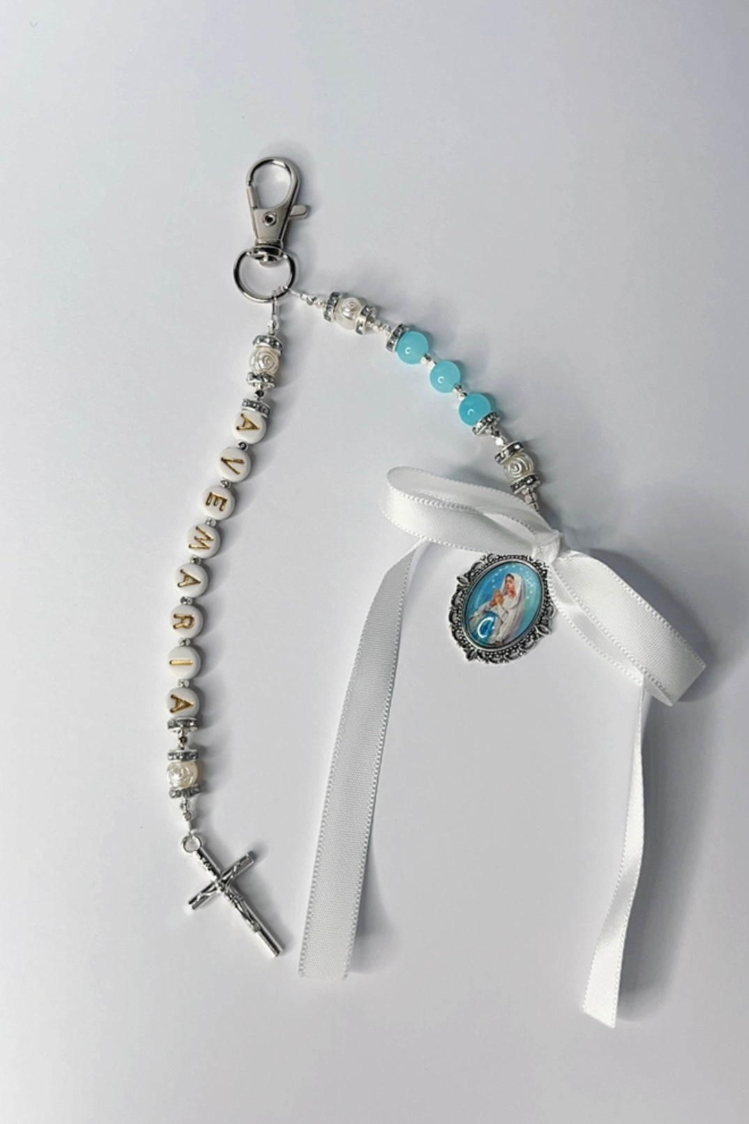 Ave Maria Pearl Blue Catholic Keyring Handmade