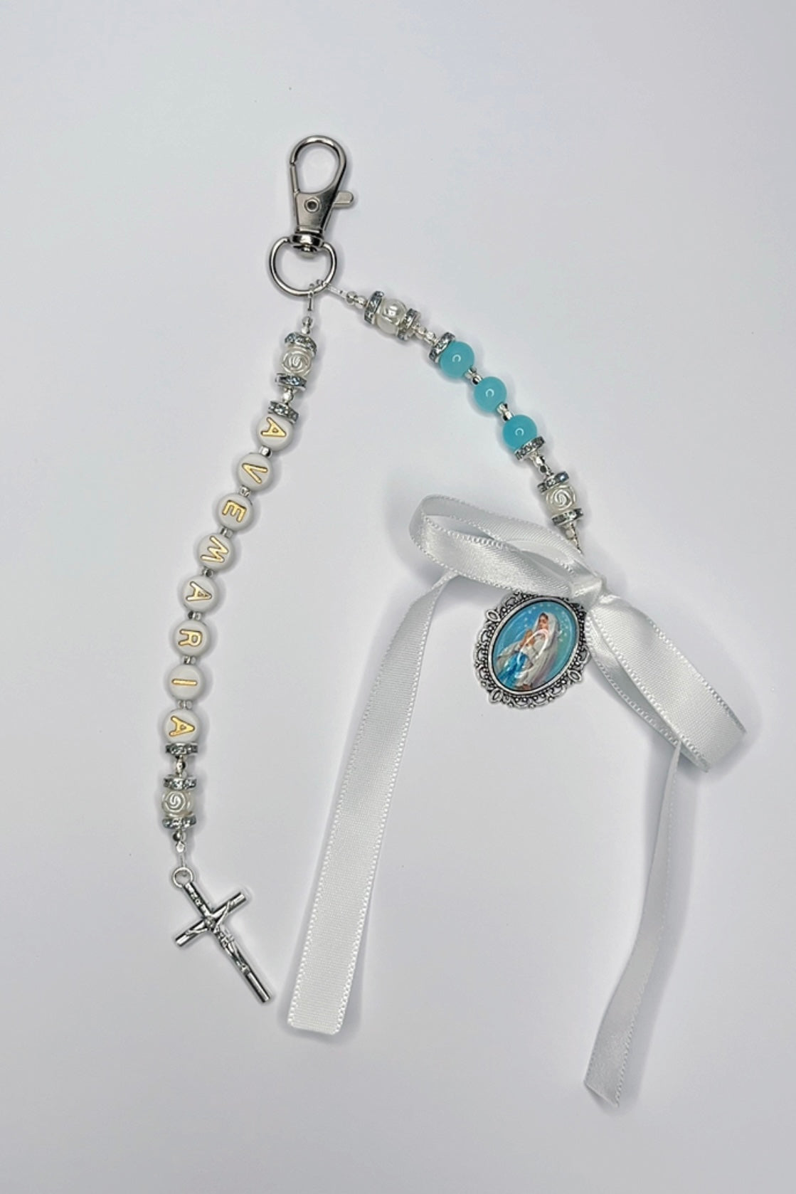 Ave Maria Pearl Blue Catholic Keyring Handmade