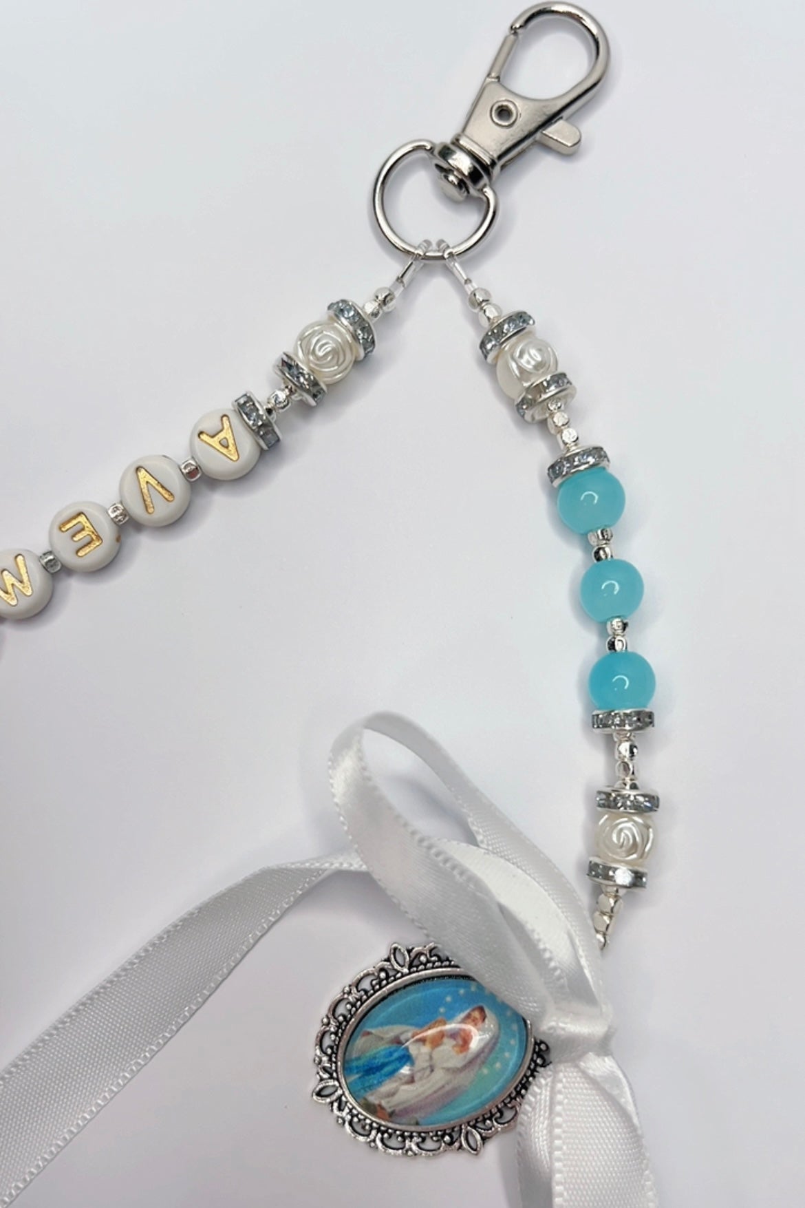 Ave Maria Pearl Blue Catholic Keyring Handmade