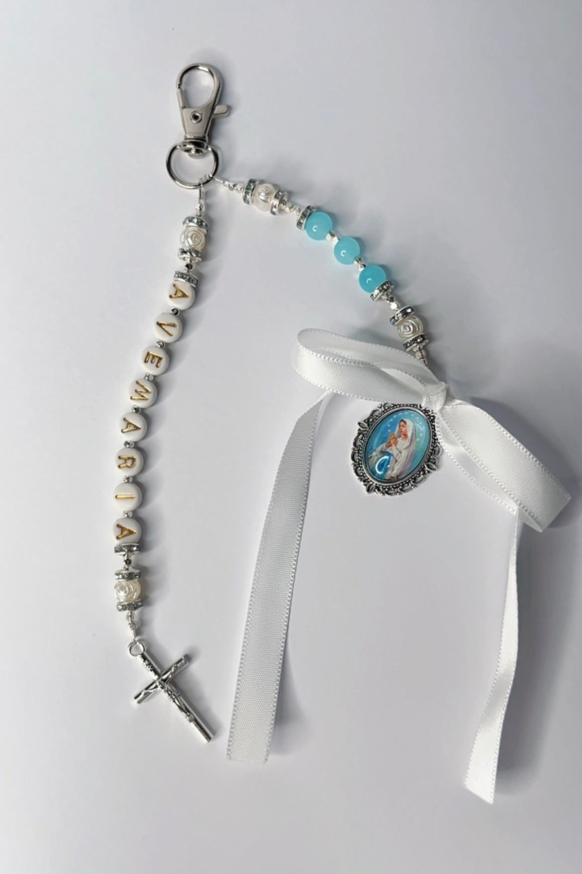 Ave Maria Pearl Blue Catholic Keyring Handmade