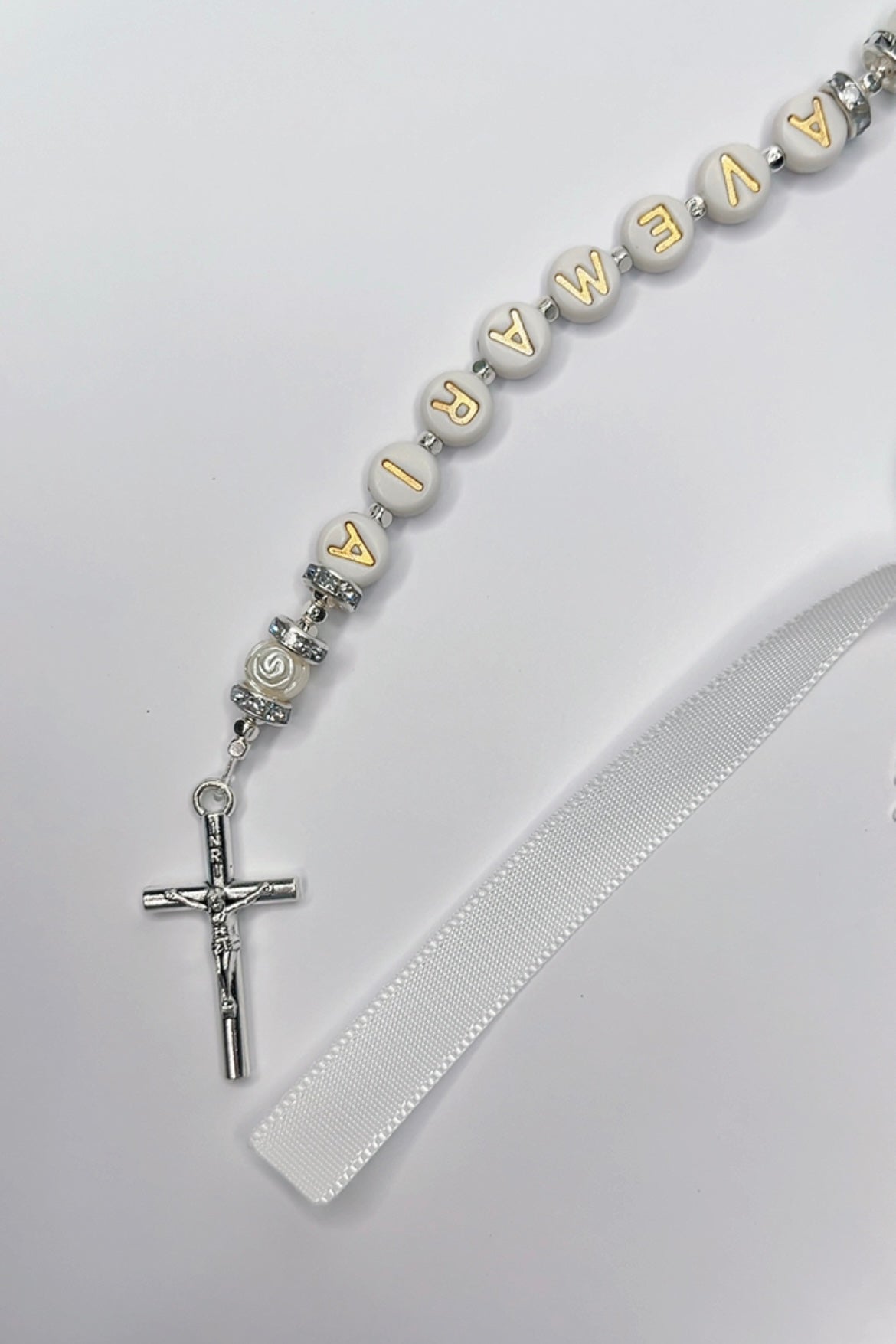 Ave Maria Pearl Blue Catholic Keyring Handmade