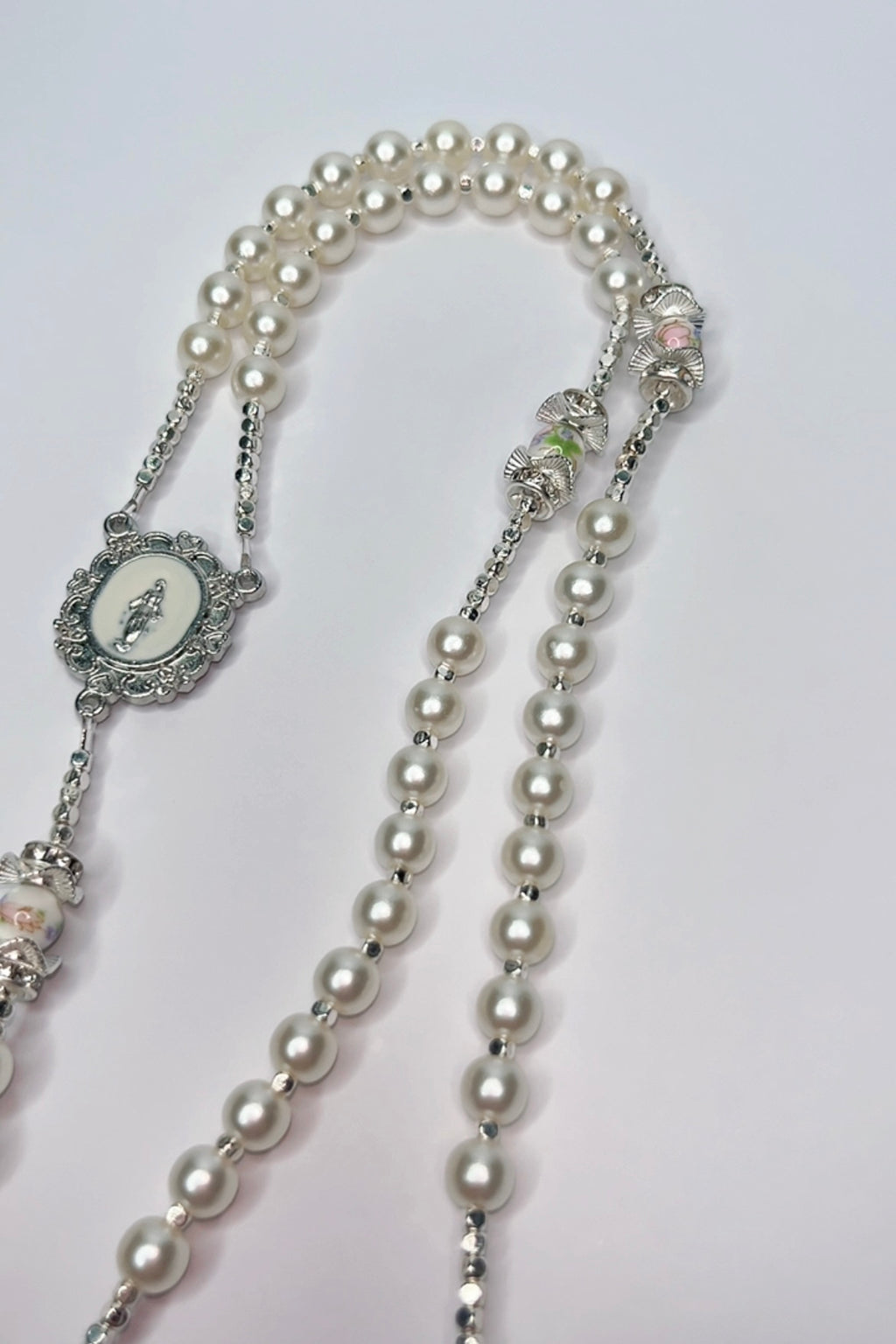 Floral Pearl Silver Catholic Handmade Rosary