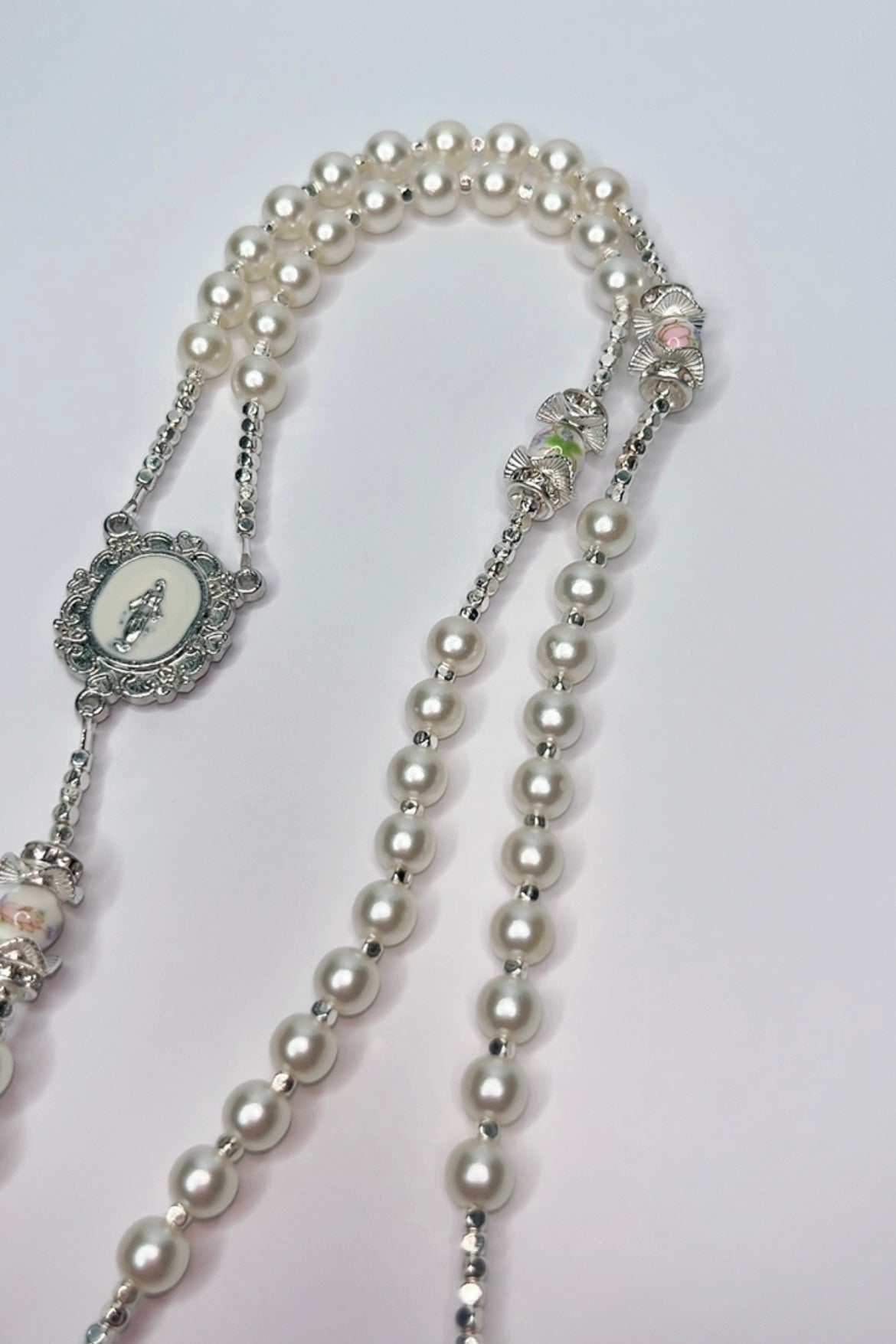 Floral Pearl Silver Catholic Handmade Rosary
