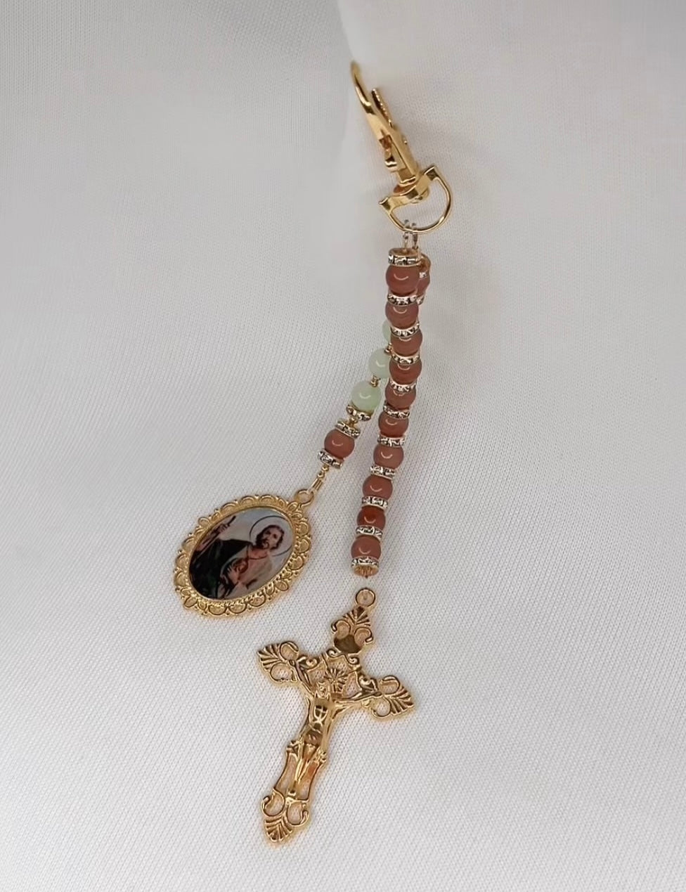 Rosary with religious image and cross on a white background Saint Jude rosary keyring 