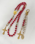 Rose Red Pearl Catholic Rosary Keychain Set