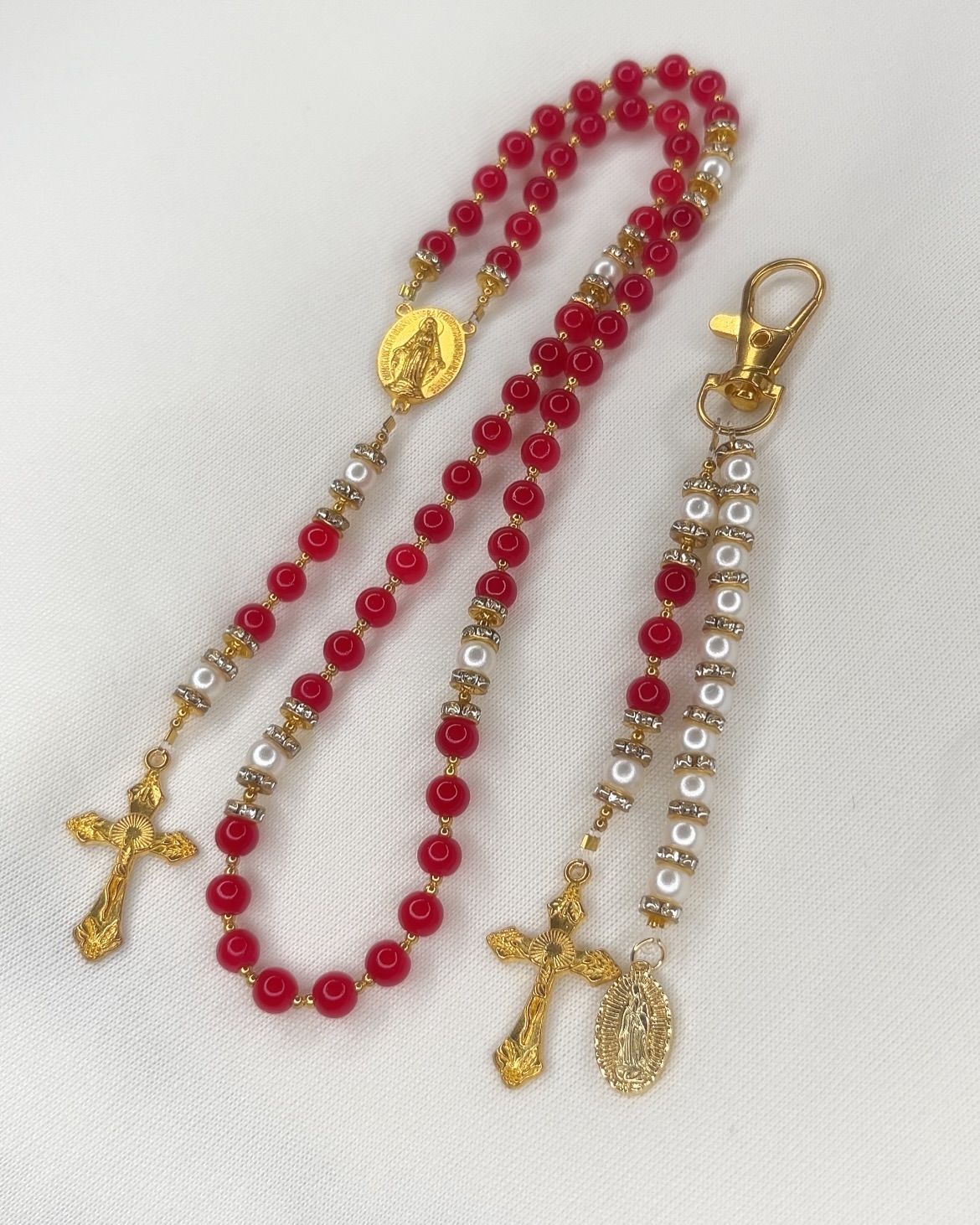 Rose Red Pearl Catholic Rosary Keychain Set